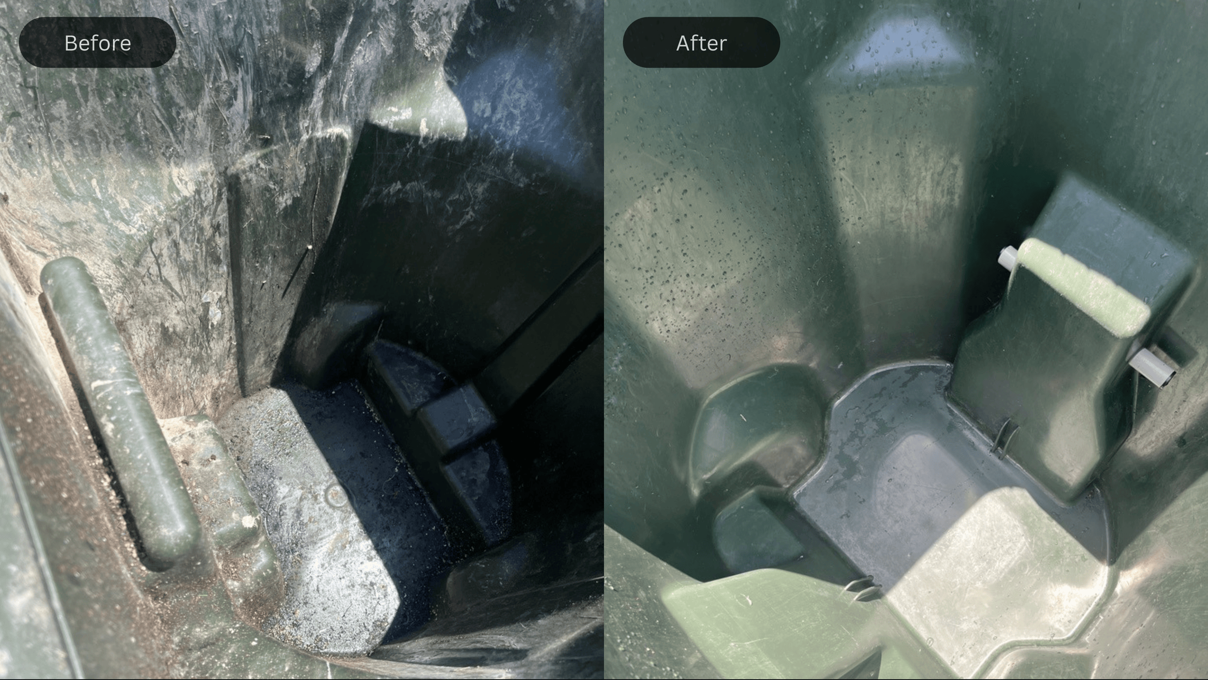 Before and after of the inside of green garbage and recycling bins, showing dirt and residue washed away