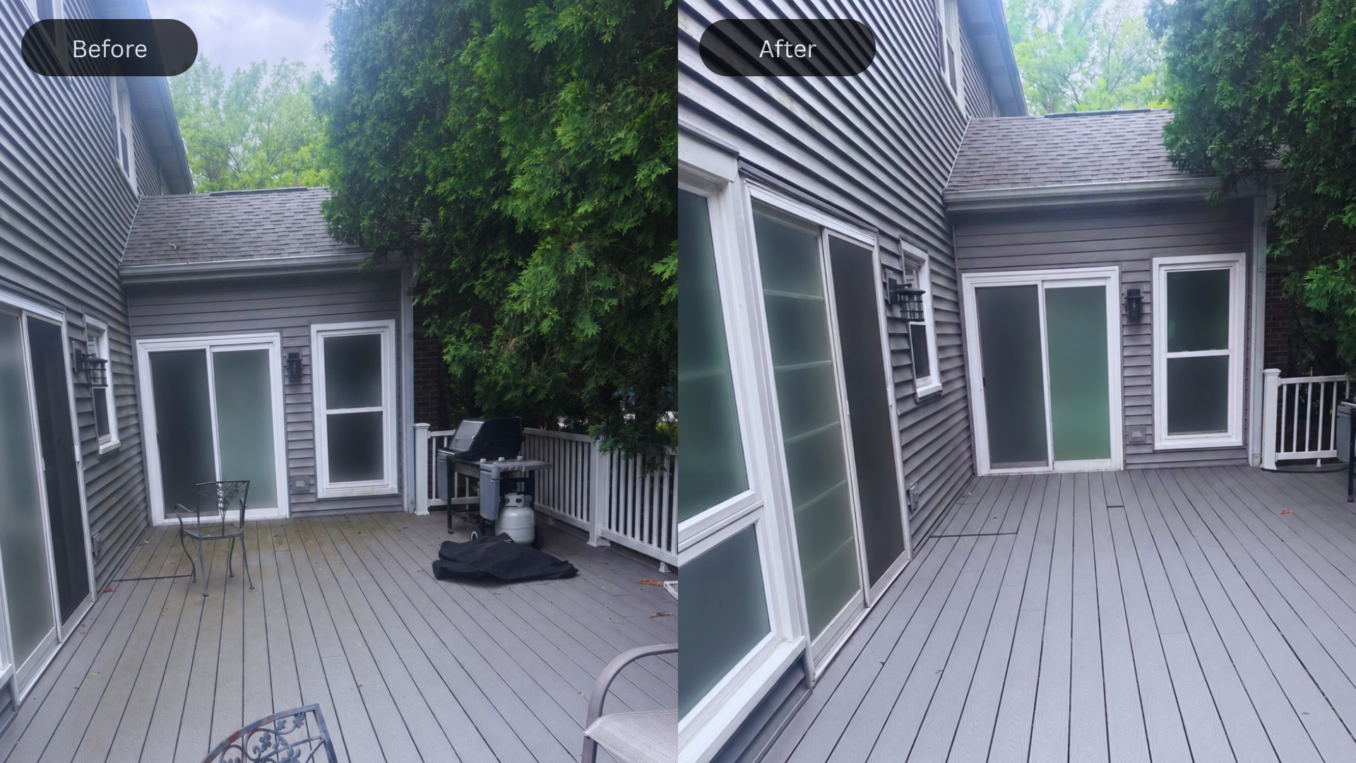 Before and after of a large backyard deck cleaned by Michael's Power Washing, cleared and freshly washed with clean gray decking and bright white-trimmed windows
