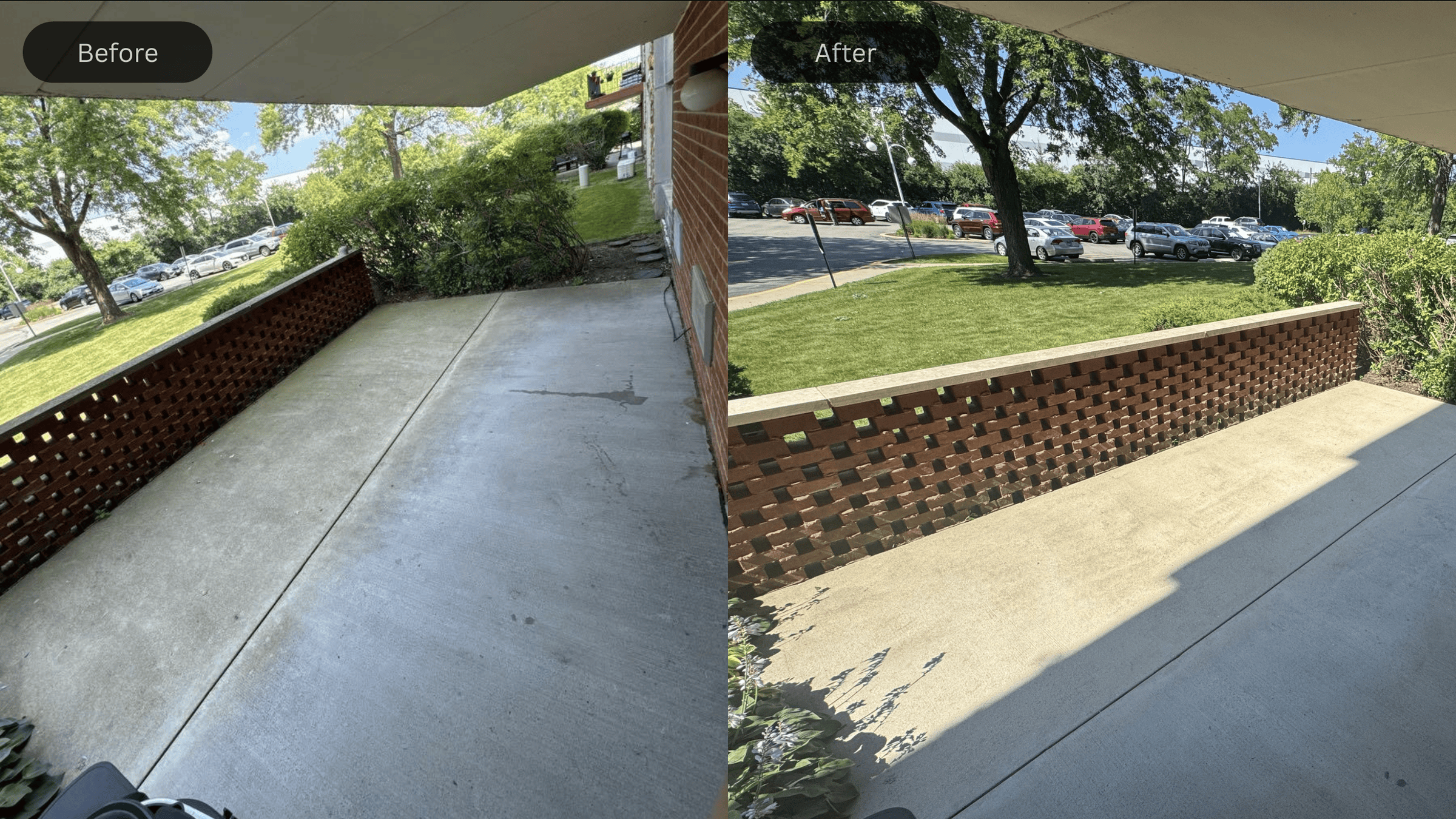 Before and after of a concrete patio beside a brick wall, showing a brighter, cleaner surface