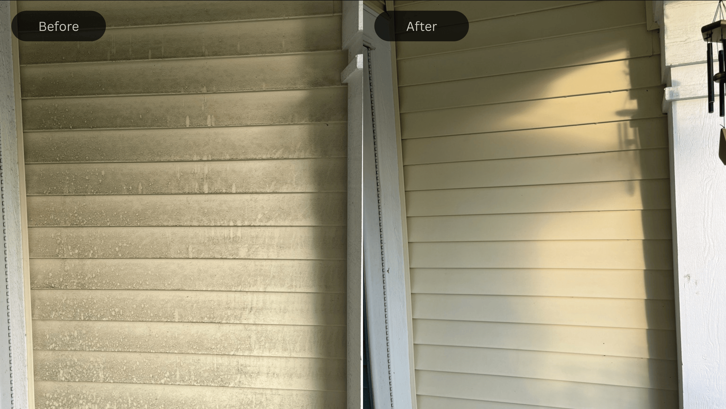 Before and after of house siding cleaned by Michael's Power Washing, showing grime removed to reveal clean cream-colored siding
